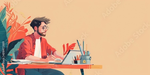 A man is sitting at his desk, working on his laptop He is wearing a casual shirt and glasses The background is a warm, inviting color The image is calming and inspiring. AIGZ01 photo