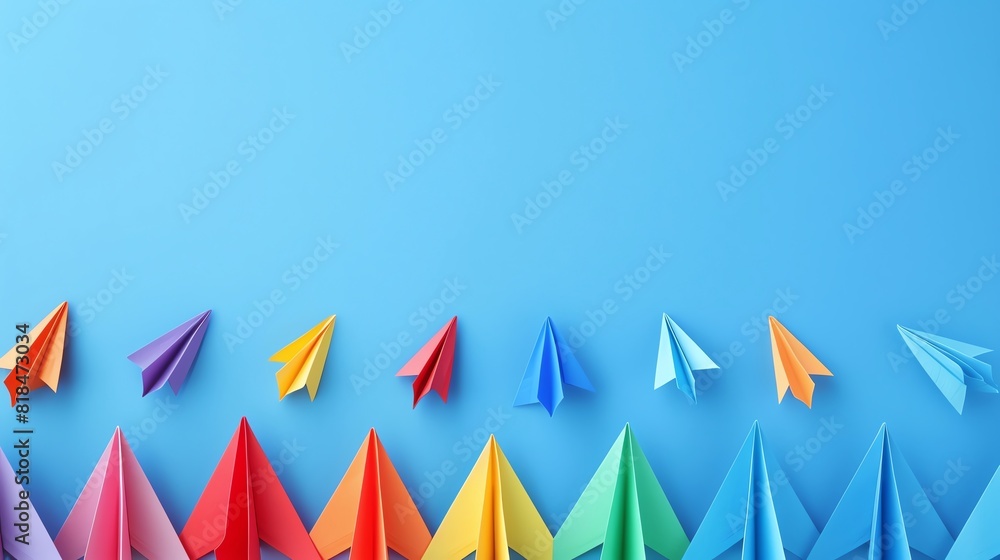 Fototapeta premium rainbow Paper airplanes, blank space, minimalism, negative space, background wallpaper template, pride month LGBTQIA theme