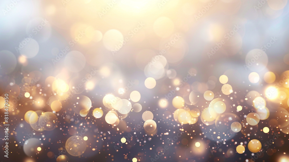 An abstract blur bokeh banner background with golden and white bokeh lights creating a festive, celebratory feel.