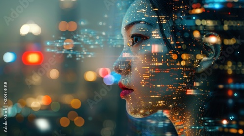 Double exposure of a woman's face and a cityscape with digital data patterns, symbolizing technology and connectivity. © kittikunfoto