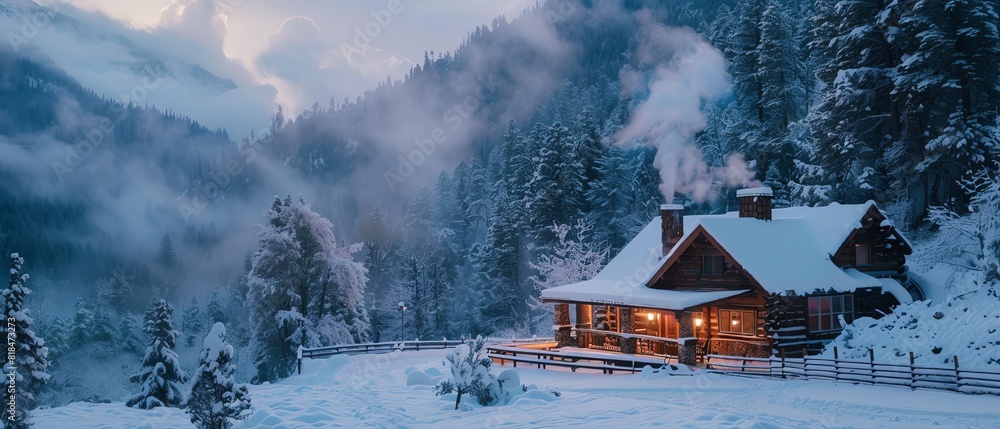 A cozy cabin nestled in a snowy forest A cozy cabin nestled in a snowy forest