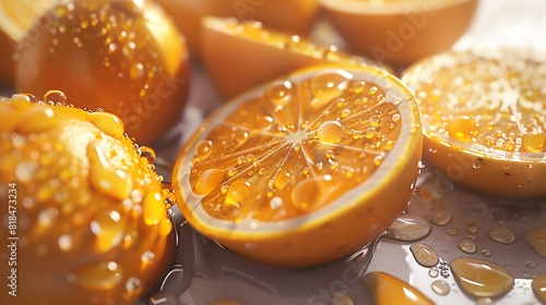 Bring the tangy sweetness of ripe oranges to life with a hyper-realistic 3D render Show intricate details like dew drops on the shiny peel photo