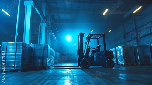 A lone forklift sits in a dark warehouse, its headlights illuminating the area immediately around it. The forklift is surrounded by tall shelves stocked with goods. photo
