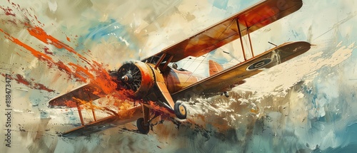 Explore the evolution of aviation through a striking fusion of documentary realism and abstract art Depict a vintage biplane navigating a turbulent abstract storm of colors