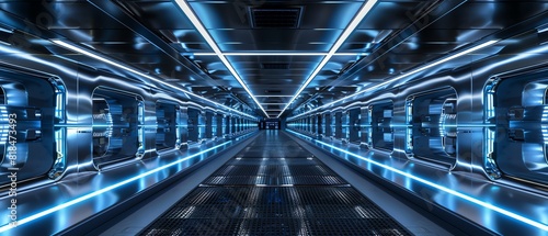 Design a futuristic sci-fi corridor with blue glowing lights on both sides. Make it look realistic and detailed.