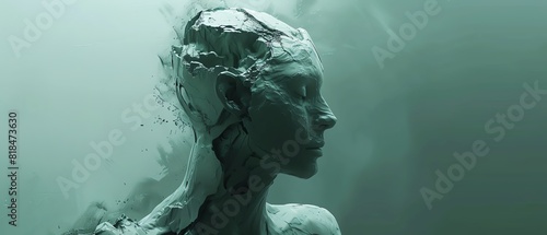 Illustrate a side view portrait of a contemplative figure with a fragmented mind