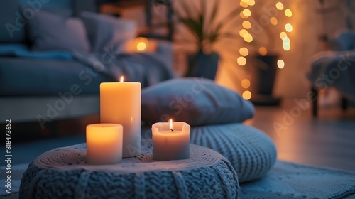 A cozy living room with candles burning brightly. The soft light of the candles creates a warm and inviting atmosphere.