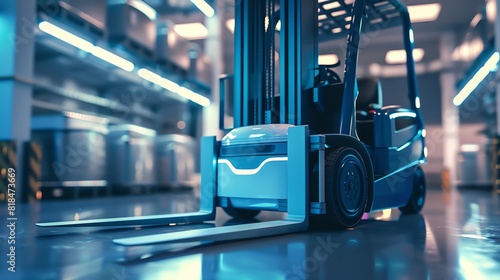 A render of a forklift in a futuristic warehouse with a blue tint.