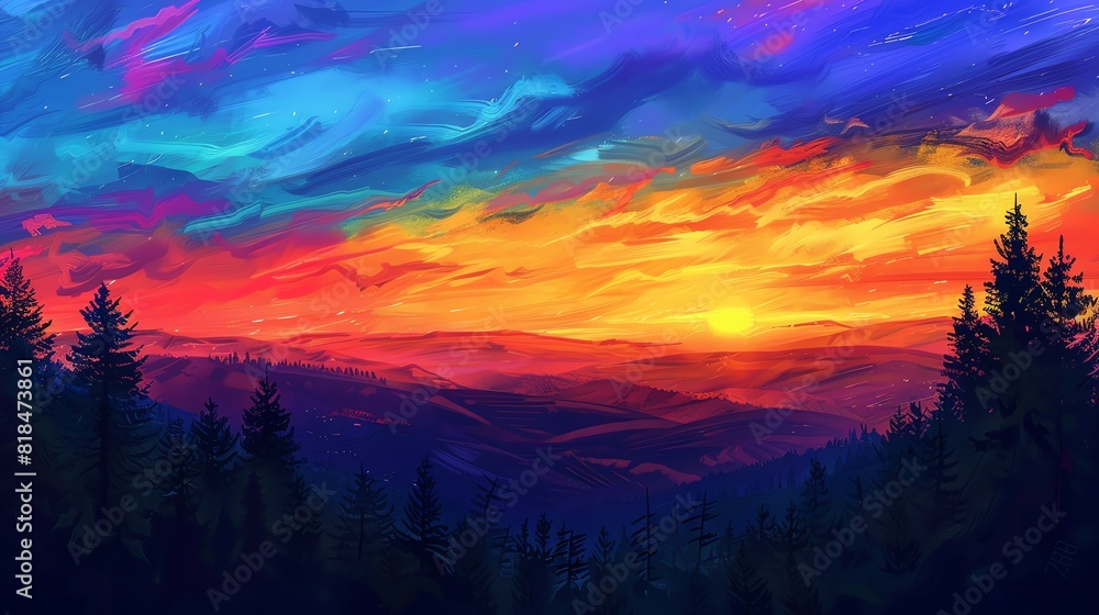 A vivid dreamscape painting of a vibrant sunset over distant mountains. The sky is ablaze with color, the trees are silhouetted against the horizon. A vivid dreamscape painting of a vibrant sunset over distant mountains. The sky is ablaze with color, the trees are silhouetted against the horizon.