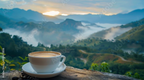 A cup of coffee on a wooden table overlooking a misty mountain landscape at sunrise. Created with Generative AI.