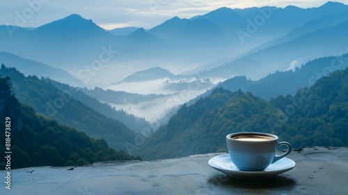 Cup of coffee on a ledge with misty mountains in the background at dawn. Created with Generative AI.