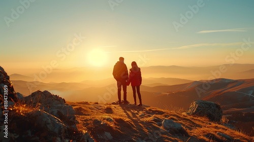 A couple standing on a mountaintop  looking out at the view. The sun is setting behind them.