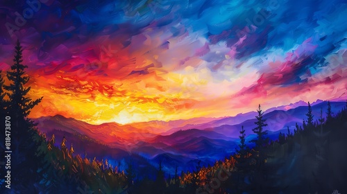 A beautiful landscape painting of a mountain range at sunset