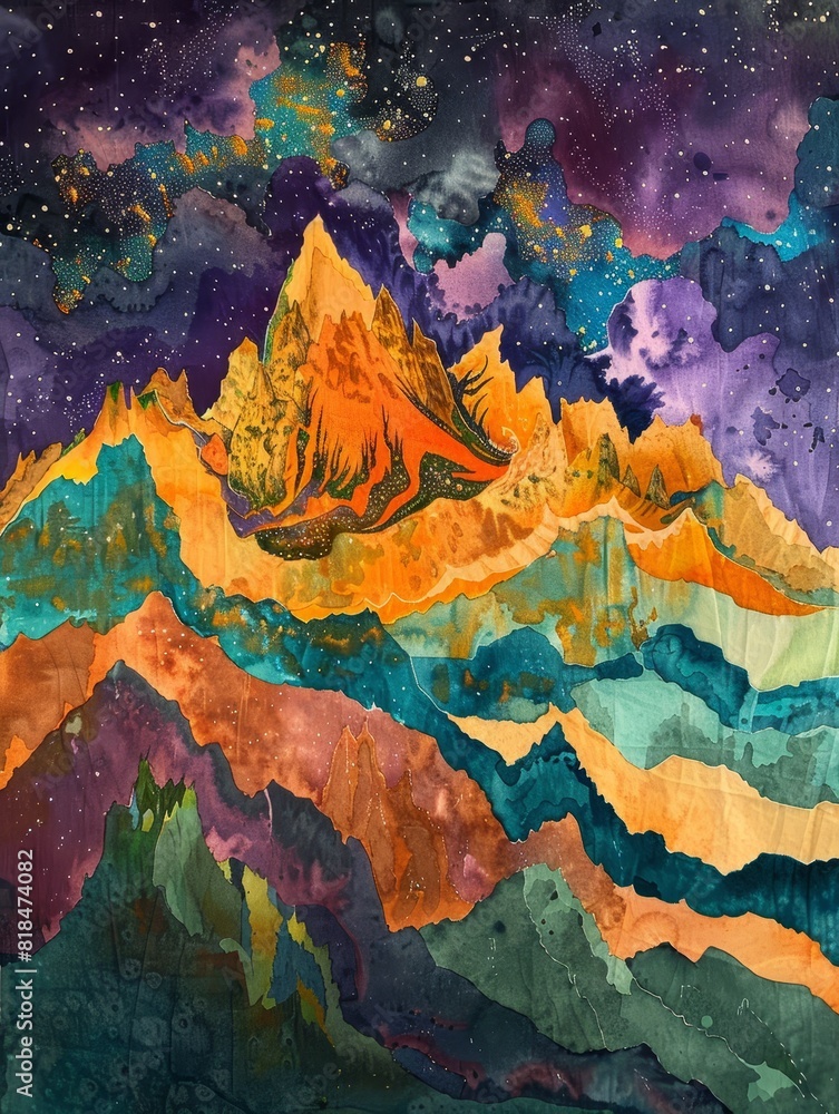 Vibrant mountain range in watercolor - A stunningly vibrant image of a mountain range depicted in watercolor style, which radiates creativity and the beauty of nature