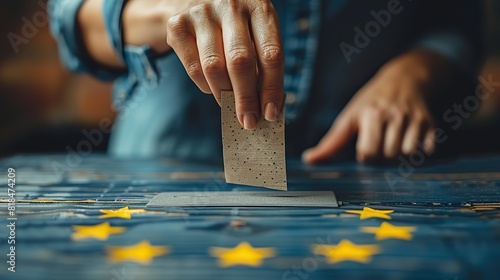 voting for the european union election a hand putting a ballot paper into a ballot box on a blue background banner with europe map on a twelve yellow stars flag.illustration,stock photo