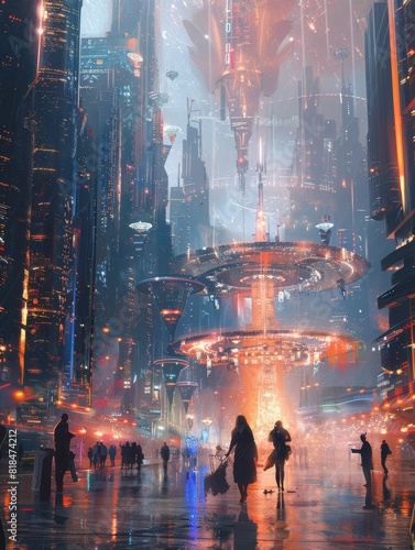 Futuristic cityscape with neon lights - A bustling futuristic city with neon lighting and flying vehicles  showcasing advanced technology and urban life