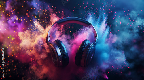 Striking image of headphones suspended against a backdrop of vivid, exploding neon colors, emanating a sense of dynamic movement and energy 