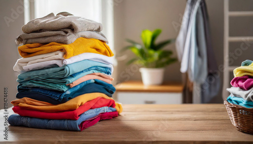 stack of clothes on table, symbolizing laundry chores, household organization, and decluttering