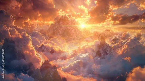 Dramatic mountain sunrise in clouds - A stunning sunrise scene with sunbeams bursting through clouds above mountain peaks