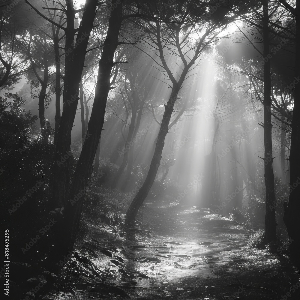A black-and-white photo of a foggy forest path with light filtering through the trees, creating a mysterious atmosphere. A black-and-white photo of a foggy forest path with light filtering through the trees, creating a mysterious atmosphere.
