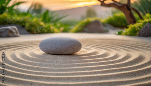 Japanese Zen garden with round stone in meticulously raked sand, epitomizing tranquility and mindfulness, perfect for spa relaxation