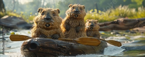 Three happy beavers are rowing a boat in the river.