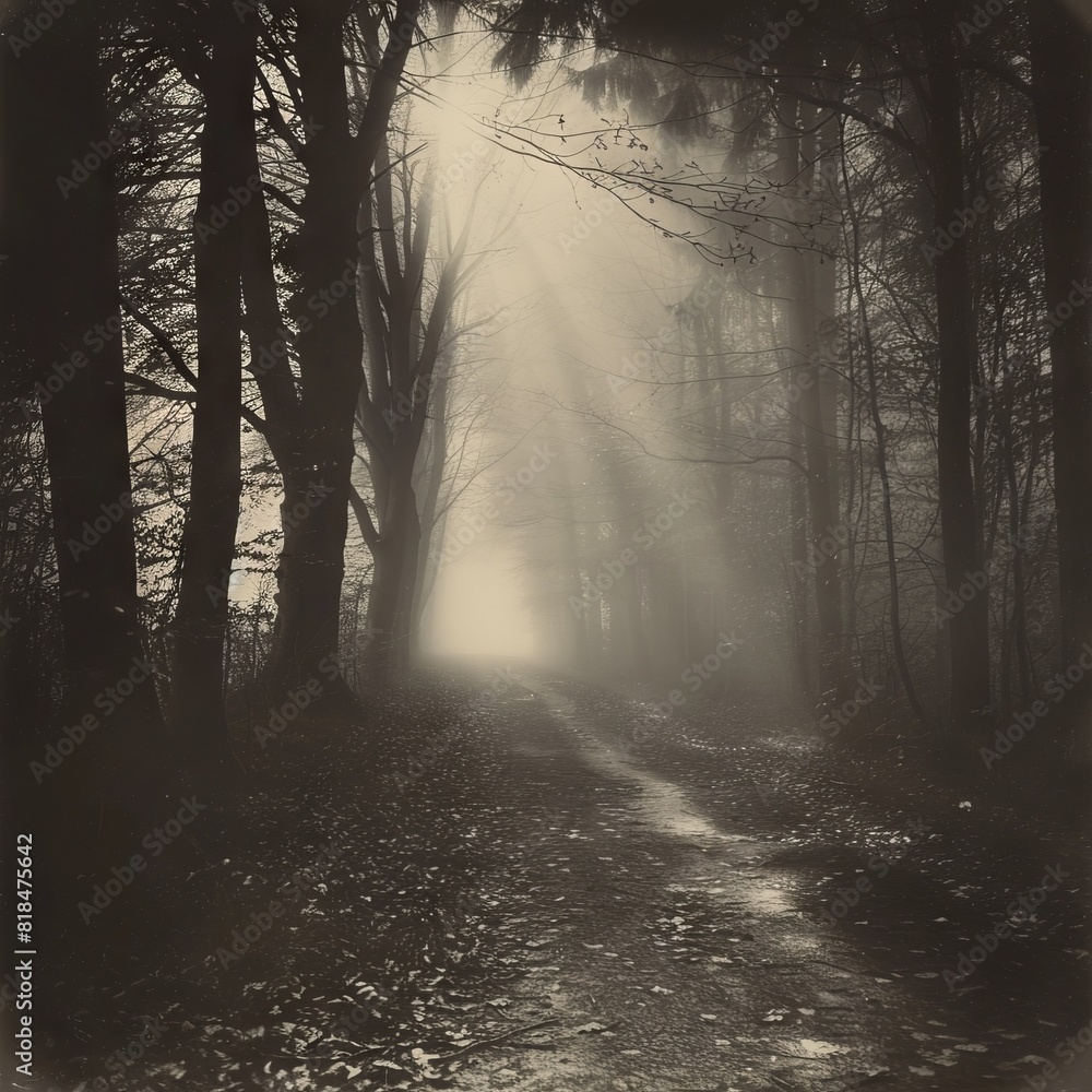 Fototapeta premium A black-and-white photo of a foggy forest path with light filtering through the trees, creating a mysterious atmosphere.