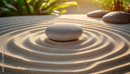 Zen garden with round stone in meticulously raked sand  epitomizing tranquility and mindfulness  perfect for spa relaxation