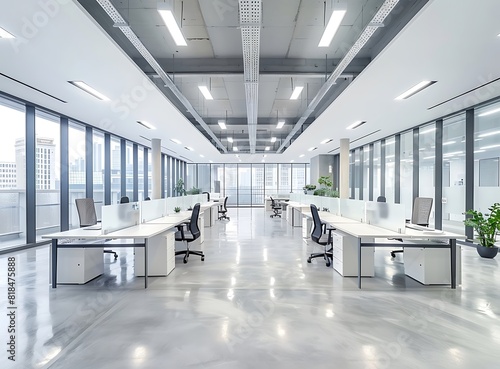 Modern office interior with a white and light gray color scheme