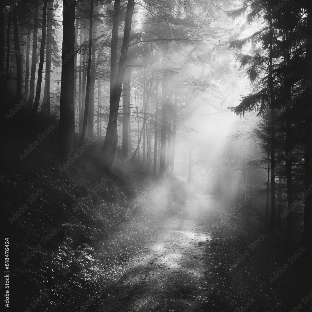 A black-and-white photo of a foggy forest path with light filtering through the trees, creating a mysterious atmosphere.