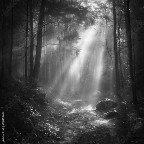 A black-and-white photo of a foggy forest path with light filtering through the trees  creating a mysterious atmosphere.