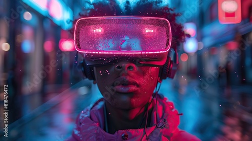 a teenager wearing vr headset playing with his goggles ready for a game in a futuristic cyber world virtual reality innovation and new technology abstract concept.illustration