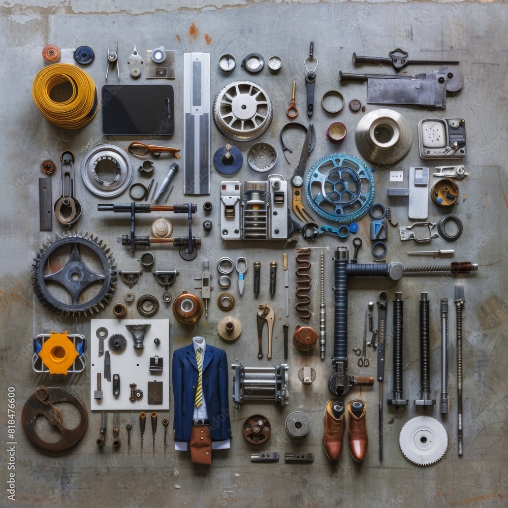 Meticulously arranged industrial tools, gears, and gadgets alongside a suit, illustrating a mix of mechanical and professional elements. Meticulously arranged industrial tools, gears, and gadgets alongside a suit, illustrating a mix of mechanical and professional elements.