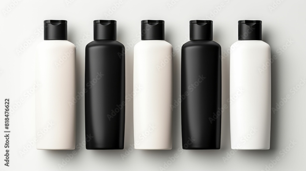 Five sleek black and white bottles with minimalist design on a white background, ideal for modern and elegant packaging.
Five sleek black and white bottles with minimalist design on a white background, ideal for modern and elegant packaging.