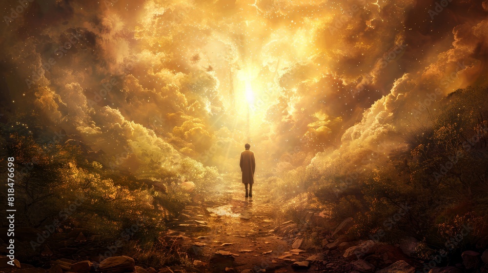 Man walking towards light in surreal landscape - A digital artwork of a man walking towards a bright light on a pathway through a mystical, fiery landscape Man walking towards light in surreal landscape - A digital artwork of a man walking towards a bright light on a pathway through a mystical, fiery landscape