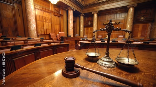 Wooden judge gavel and Scales of Justice in the Court Hall. Law concept of Judiciary, Jurisprudence and Justice