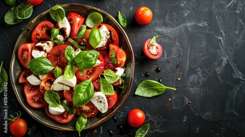 A fresh salad made with tomatoes, mozzarella, basil, and balsamic vinegar, served in a bowl on a wooden table AIG50