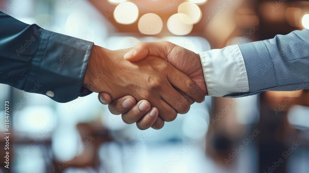 Closeup of two people shaking hands in agreement with blurred background Closeup of two people shaking hands in agreement with blurred background