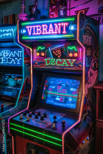 Arcade machine glowing with neon sign lights - This glowing arcade machine with a VIBRANT neon sign captures a sense of playful nostalgia