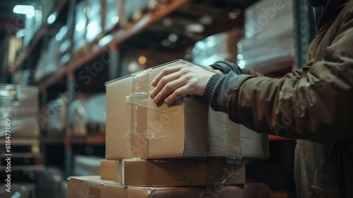 Worker stacking cardboard boxes on shelves in warehouse setting