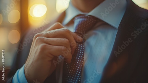 Businessman adjusting his tie with one hand in professional setting