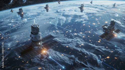 Fototapeta Naklejka Na Ścianę i Meble -  Space exploration strategy session, planning new missions with AI-driven satellites and interstellar spacecraft