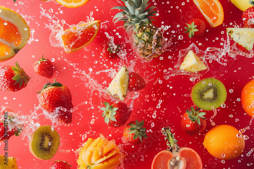 Fresh fruits on a red background. Floating tropical fruits.