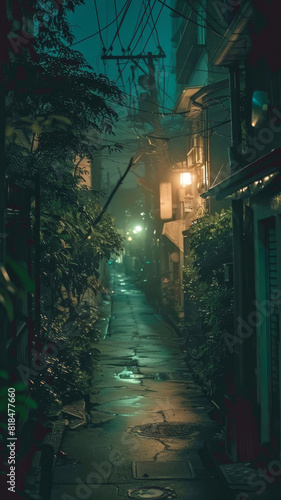 Mystical alleyway in an urban Japanese setting - The image shows a narrow  enchanting alleyway in Japan with ambient lighting and lush greenery
