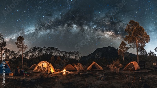 A breathtaking night sky filled with stars and the Milky Way above a serene camping site surrounded by trees and mountains.
