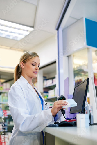 Pharmacy, product and scanning medicine in shop with barcode, label or drugs for healthcare. Store, price and pharmacist process sale with tech or shopping for supplements with woman at cashier