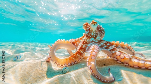 Underwater photo of octopus in tropical turquoise sandy bay with turquoise clear sea