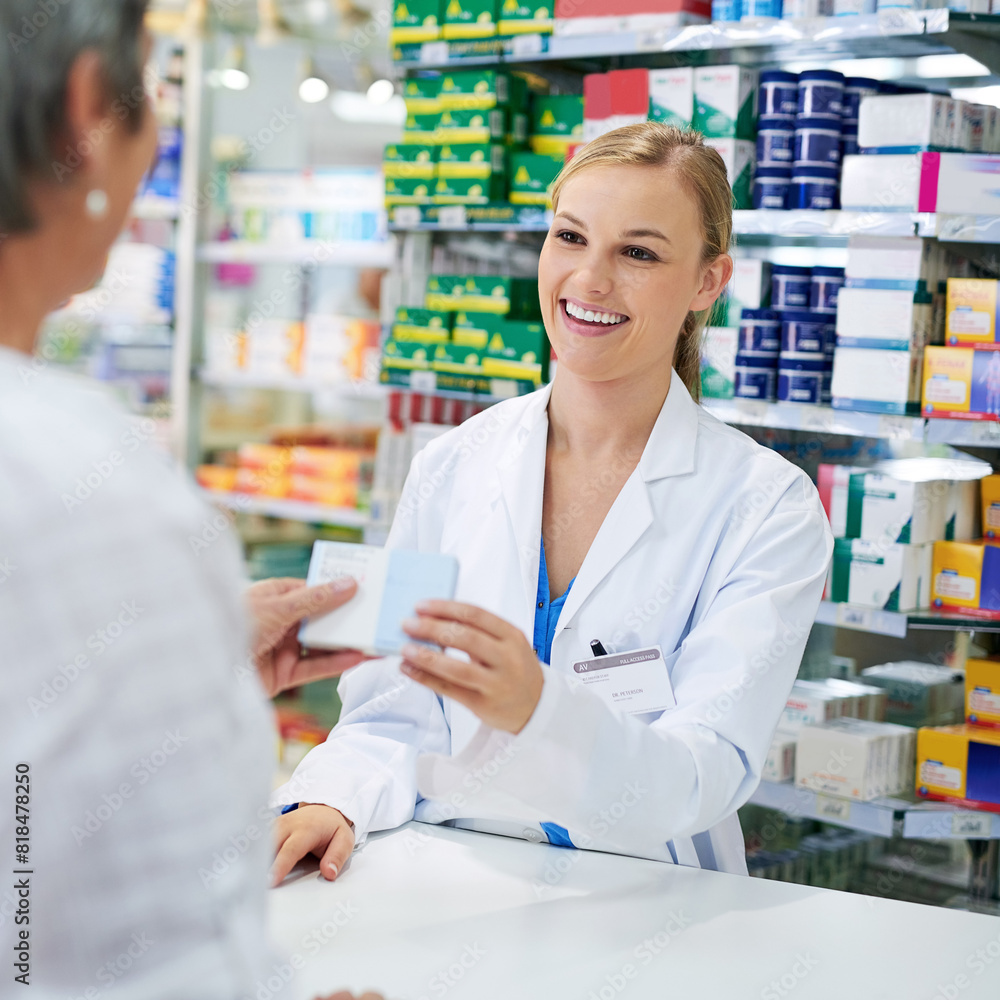 Pharmacist, cashier and shopping for medicine in store with pills or drugs in box for healthcare. Happy, woman and pharmacy customer with sale advice, offer or choice of supplements at drugstore