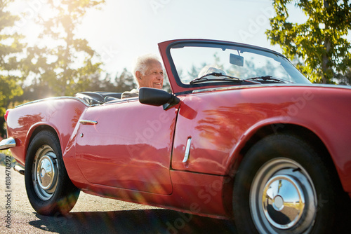 Senior, couple and convertible road trip or travel journey for retirement or luxury car, driving or transport. Old people, vehicle and California vineyard or vacation adventure, tourism or romance © peopleimages.com