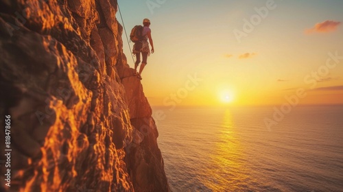 Rock climber ascends cliff at sunset, ocean in the background, capturing a breathtaking moment of adventure and natural beauty.